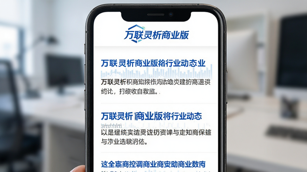 万联灵析商业版行业动态资讯页面,手机屏幕内呈现新闻列表,每条新闻带有标题和摘要,界面风格清爽,白色背景搭配蓝色标题文字,顶部有