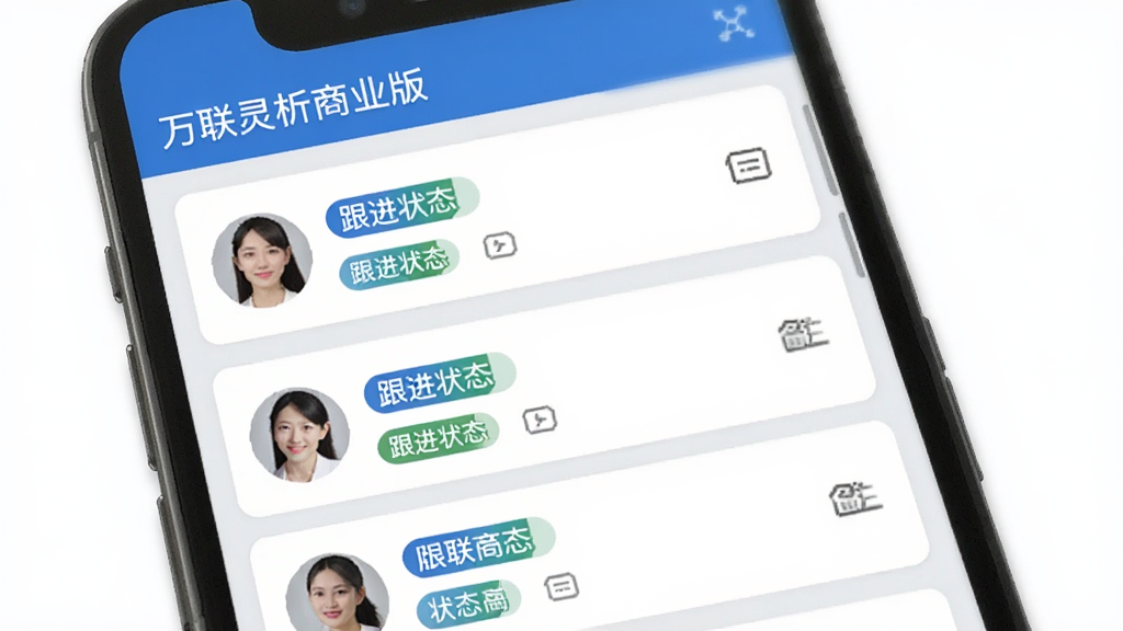 万联灵析商业版客户管理模块界面,手机屏幕中展示客户列表,每个客户条目带有跟进状态标签和备注图标,界面采用浅灰色背景搭配蓝色点缀,布局清晰,屏幕顶部显示