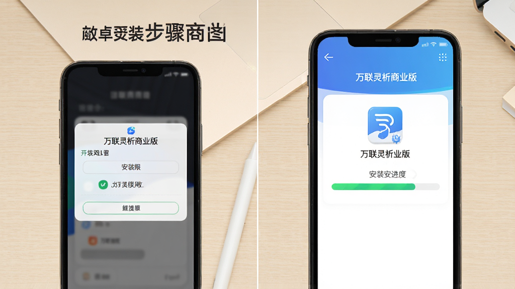 万联灵析商业版安卓手机安装步骤示意图,手机屏幕展示安装权限开启界面和应用安装进度条,背景为浅色桌面,画面简洁明了,文字标注