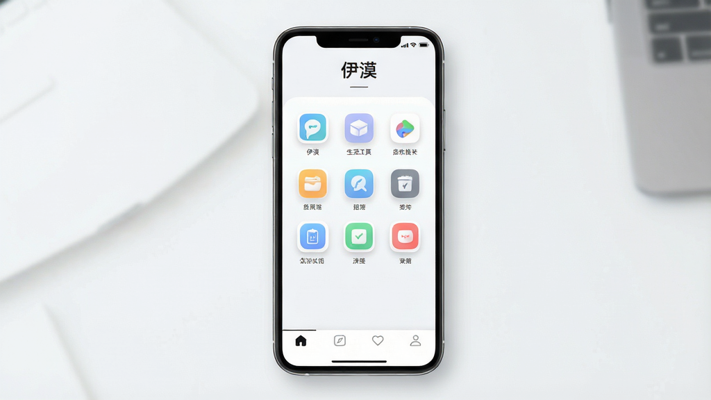 一张展示“伊漠”手机应用主界面的预览图,画面中央是一部竖屏手机,屏幕内显示简洁的生活工具类APP界面,顶部有“伊漠”字样,中部排列功能图标,底部为导航栏,整体布局干净整齐,风格清新现代,细节包括圆角图标、浅色背景、柔和阴影,画质高清,干净,无多余元素