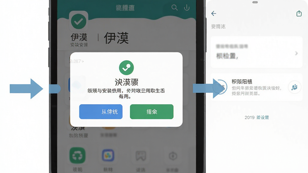 一张展示“伊漠”应用安装步骤的示意图,画面为手机屏幕特写,屏幕上显示安装确认弹窗和权限设置界面,旁边有简洁的箭头指引,风格扁平化,细节包括按钮、文字提示、系统图标,画质高清,干净,无多余元素