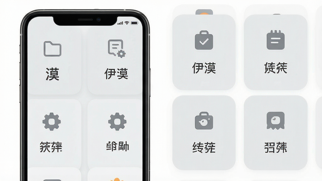 一张展示“伊漠”应用内部功能分类页面的预览图,画面为手机竖屏界面,页面中排列多个功能卡片,每张卡片带有图标和文字说明,布局整齐,风格简约,细节包括卡片圆角、浅灰底色、清晰字体,画质高清,干净,无多余元素