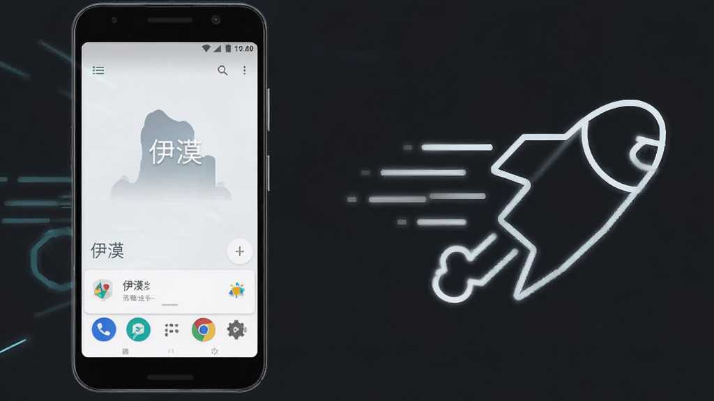 一部安卓手机屏幕中显示“伊漠”应用正在流畅运行,画面采用横向构图,左侧为手机主体,右侧以简洁线条示意轻量、快速的概念,整体风格清爽科技感,细节包括手机边框、屏幕内应用界面、速度线条,画质高清,干净,无多余元素