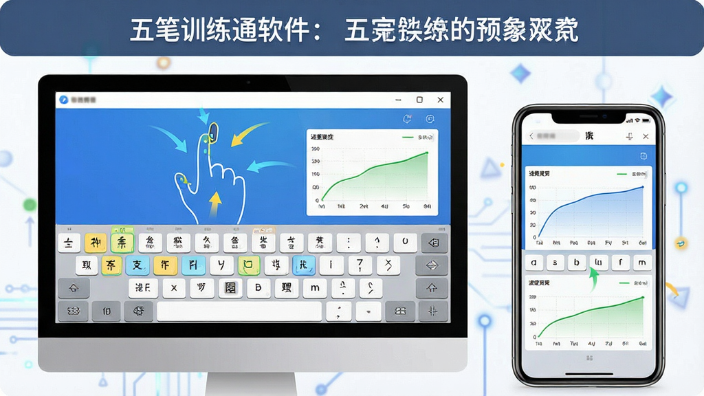 一张展示五笔训练通软件界面的预览图,主体为电脑屏幕和手机屏幕并排显示软件主界面,布局采用左右分栏构图,排版上方留有标题区域,风格为现代简约科技感,细节包括虚拟键盘高亮字根提示、指法引导动画和速度曲线图表,画质清晰,干净,无多余元素