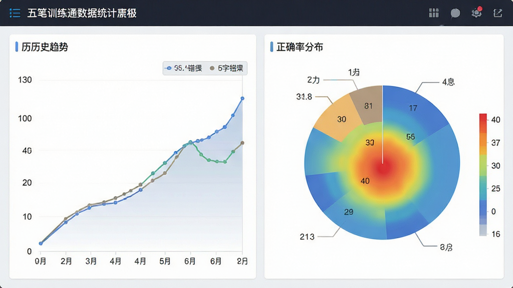 一张展示五笔训练通数据统计面板的预览图,主体为速度曲线图和正确率饼状图组合展示,布局采用上下分栏排版,风格为数据可视化仪表盘风格,细节包括历史趋势折线、错字热力分布区域,画质清晰,干净,无多余元素