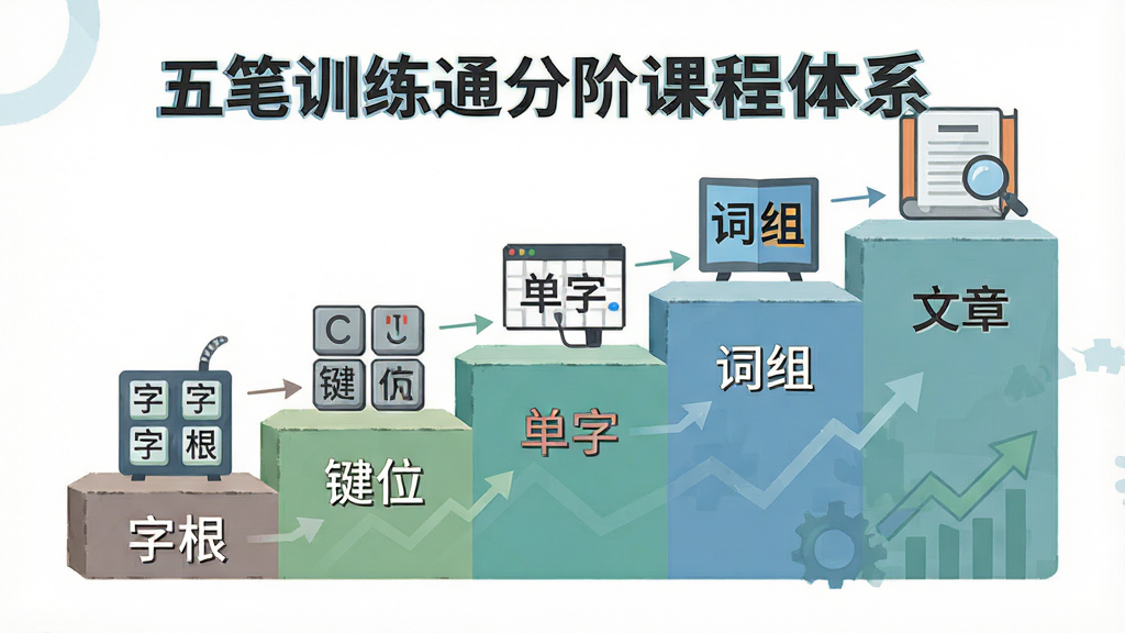 一张展示五笔训练通分阶课程体系的示意图,主体为阶梯式上升的五个学习模块图标,布局采用横向阶梯排列,排版简洁明了,风格为扁平化教育插画风,细节包括每个阶梯上标注“字根”“键位”“单字”“词组”“文章”字样,画质清晰,干净,无多余元素