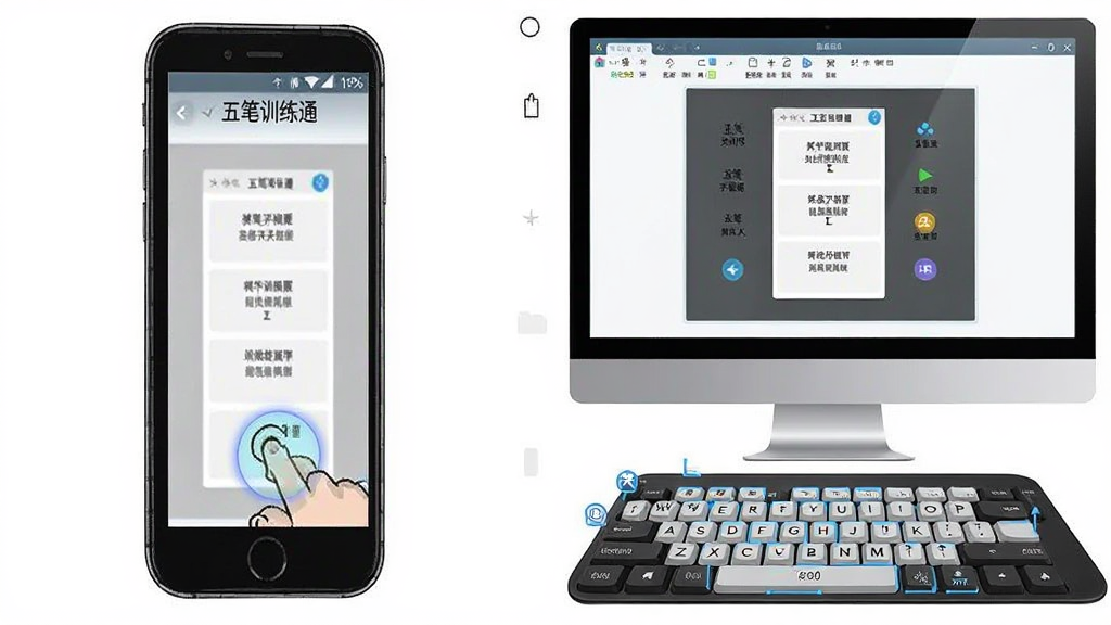 一张展示五笔训练通在手机和电脑模拟器上运行对比的预览图,主体为手机屏幕和电脑屏幕并排展示同一练习界面,布局采用左右对比排版,风格为实用教程插图风格,细节包括手机端触控高亮和电脑端键盘映射标注,画质清晰,干净,无多余元素