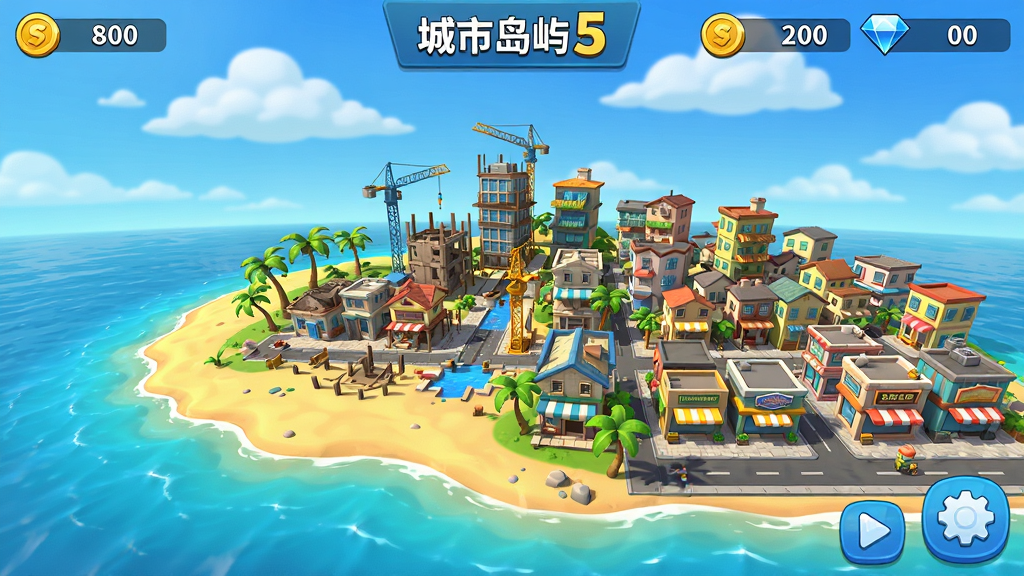 一款名为“城市岛屿5”的手机游戏主界面全景图,画面中央是一座正在建设中的热带岛屿城市,左侧是金色沙滩与蓝色海水,右侧是密集的住宅楼与商业街区,天空明亮,白云点缀,UI界面显示金币和钻石数量,整体风格为卡通写实3D渲染,色彩鲜艳,细节丰富,画质高清,干净无多余元素
