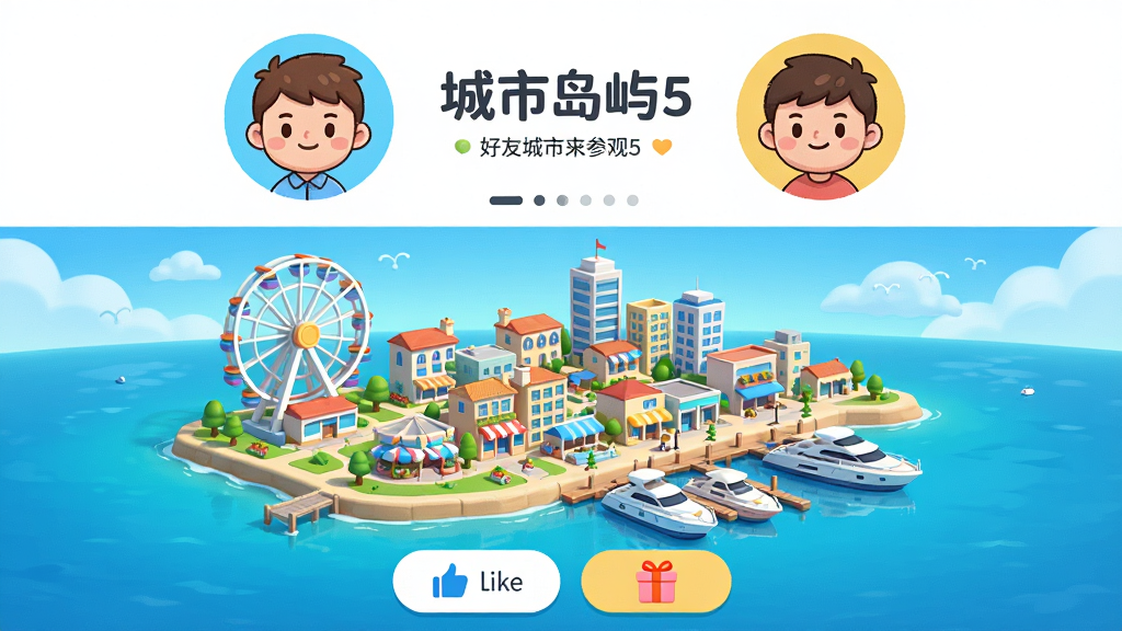 一幅“城市岛屿5”好友城市参观界面的AI生图,画面显示两个卡通头像在屏幕上方,下方是好友精心规划的滨海城市全景,有摩天轮和游艇码头,界面底部有点赞和礼物按钮,整体风格清新明亮,画质高清,干净无多余元素