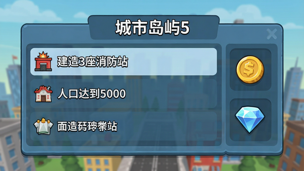 一幅“城市岛屿5”游戏内的任务面板特写图,面板上显示着“建造3座消防站”“人口达到5000”等任务条目,右侧有金币和钻石奖励图标,背景是模糊的城市天际线,整体为扁平化卡通风格,界面干净,文字清晰,画质高清