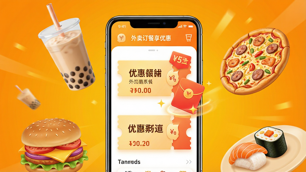 画面中央是一部智能手机,屏幕上显示着外卖订餐享优惠软件的首页界面,界面中有醒目的优惠券图标和红包动画效果,手机周围环绕着各种美食元素如汉堡、奶茶、披萨和寿司,背景采用明亮的橙黄色渐变色调,整体风格活泼清新,布局采用居中构图,排版简洁有序,细节上突出优惠券和折扣标签,画质高清干净,无多余元素,画面中带有