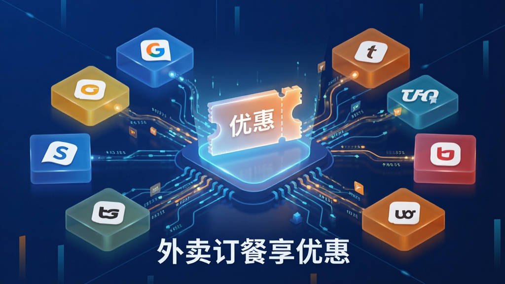 画面展示一个智能聚合引擎的抽象概念图,中心是一个发光的优惠券图标,四周有多条数据线连接着不同外卖平台的标志性颜色区块,整体采用科技感十足的蓝橙配色,布局呈放射状,排版清晰,风格现代简约,细节上体现数据流动和优惠券汇聚的视觉效果,画质高清,画面干净,带有