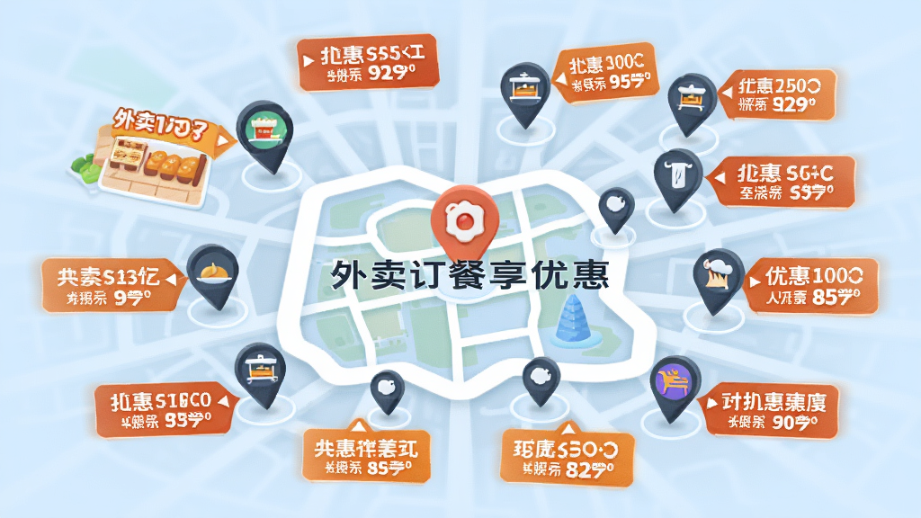 画面呈现一张美食地图的概念图,地图上分布着多个餐厅图标,每个图标旁边标注着优惠折扣标签,背景为淡蓝色,布局以地图为中心向外扩散,风格简洁现代,细节上突出位置标记和优惠信息,画质高清干净,画面中带有