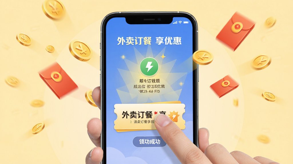 画面描绘用户手指轻触手机屏幕领取优惠券的瞬间,手机屏幕显示领取成功的动画效果,周围有金币和红包飞舞,背景为温暖的浅黄色,布局以手和手机为视觉中心,排版简洁明快,风格轻松活泼,细节上突出优惠券领取按钮和成功提示,画质高清干净,画面中带有