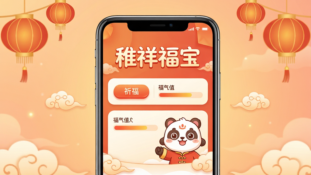 稚祥福宝手机应用主界面展示,画面中央放置一部智能手机,屏幕显示温馨的橙红色调首页,顶部有“稚祥福宝”四个大字,页面布局包含祈福按钮、福气值进度条和卡通福宝形象,背景是柔和的暖色渐变,四周点缀灯笼与祥云元素,整体风格温暖喜庆,画质清晰,干净无多余元素
