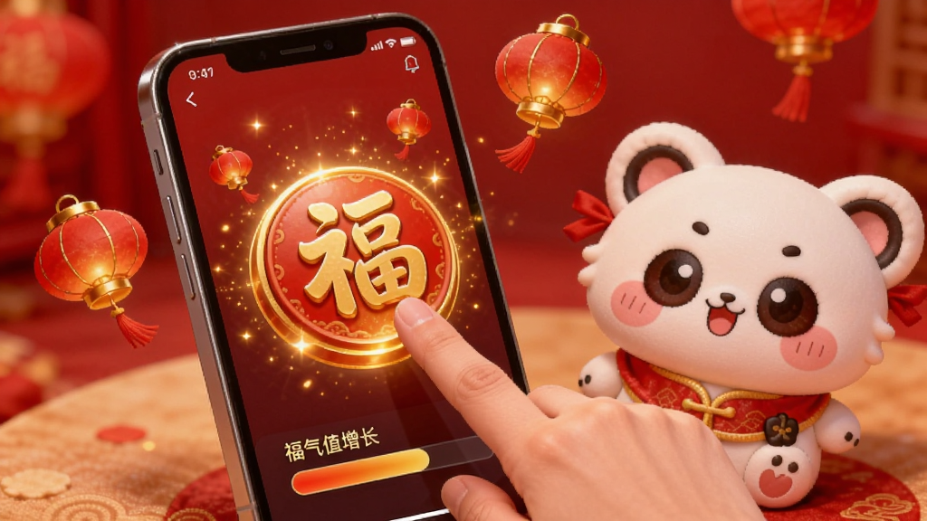 稚祥福宝祈福互动界面,画面展示一只手正点击手机屏幕上的金色福字按钮,周围飘散着发光的粒子与红色小灯笼,屏幕下方显示福气值增长进度条,手机旁放置一个可爱的卡通福宝公仔,整体色调以红金为主,温暖明亮,画质细腻,干净无多余元素