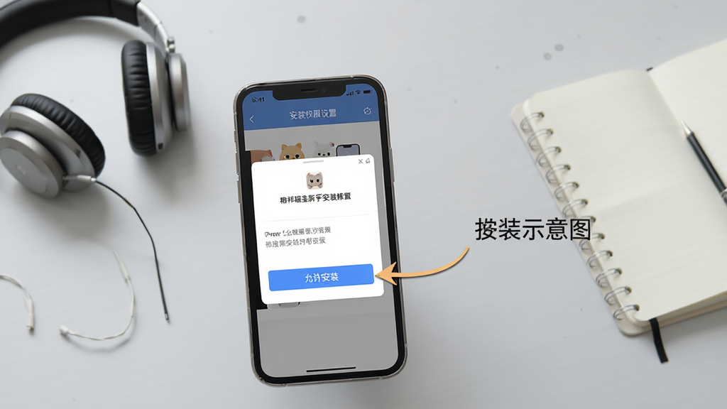 稚祥福宝新手安装操作示意图,画面展示一部手机屏幕显示安装权限设置页面,旁边有箭头指引用户点击“允许安装”按钮,背景是简洁的浅灰色桌面,桌上放着一副耳机和一本笔记本,整体风格清爽素雅,画质清晰,干净无多余元素
