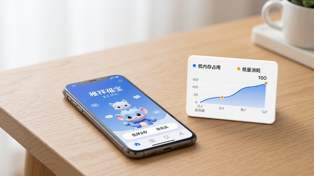 稚祥福宝轻量运行示意画面,一部手机放置在木质桌面上,屏幕显示稚祥福宝主界面,旁边有一块显示低内存占用和低电量消耗的简洁图表,背景干净整洁,光线柔和,风格简约商务,画质清晰,无多余装饰元素
