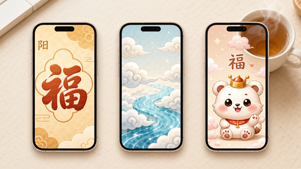 稚祥福宝主题美化界面,画面展示三款不同风格的手机壁纸预览图,分别为暖阳福字款、祥云流水款和卡通福宝款,手机屏幕边框圆润,背景是浅米色桌面,桌上放着一杯热茶,整体布局简洁,风格清新温暖,画质高清,干净无多余元素