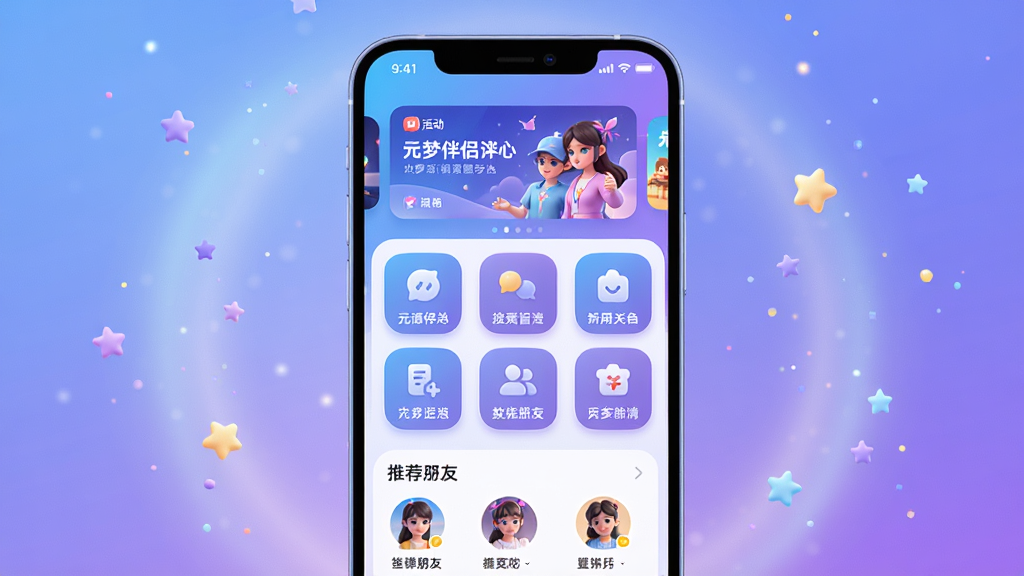 元梦伴侣APP主界面展示图,画面中央放置一部现代智能手机,手机屏幕亮起显示元梦伴侣应用首页,首页布局上方为轮播活动横幅,中间为功能模块图标网格,下方为推荐好友列表,整体色调以梦幻蓝紫渐变为主,背景为柔和光晕与漂浮的星星粒子,风格为3D渲染科技感与温馨社交氛围结合,细节包含圆角图标、柔和阴影、清晰文字标签,画质4K超清,干净整洁,无多余元素
