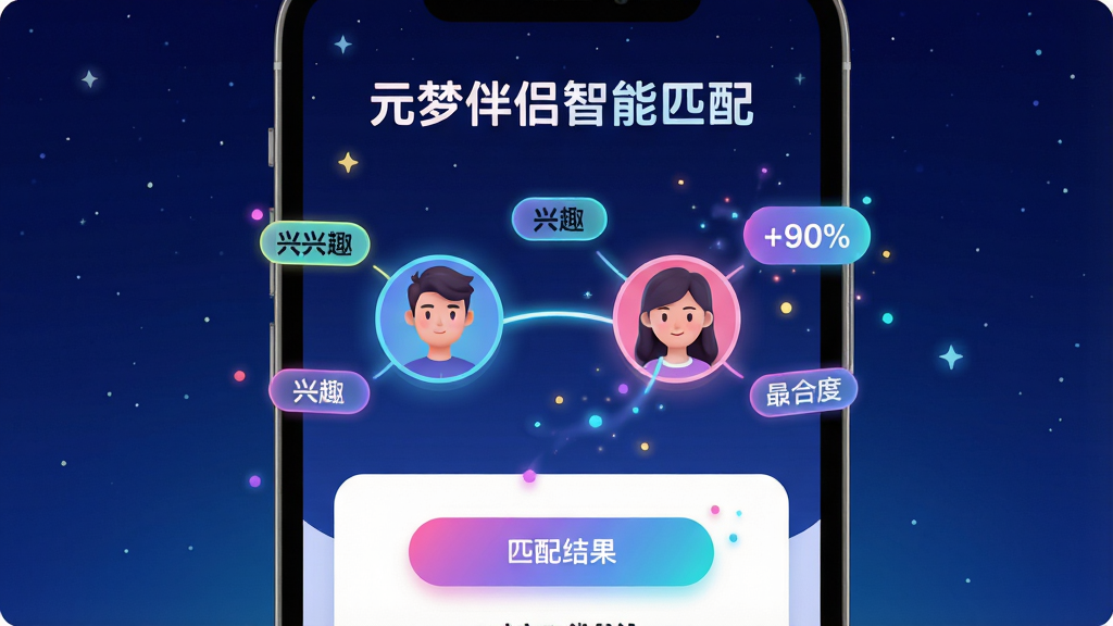 元梦伴侣智能匹配功能界面展示图,画面主体为手机屏幕特写,屏幕中显示匹配成功页面,两个虚拟头像通过发光线条连接,周围环绕兴趣标签与匹配度百分比,背景为深蓝色星空渐变,布局采用上下结构,上方为标题“元梦伴侣智能匹配”,下方为匹配结果卡片,风格为扁平化插画与霓虹光效结合,细节包含圆角卡片、渐变按钮、动态粒子效果,画质高清,干净清爽,无多余元素