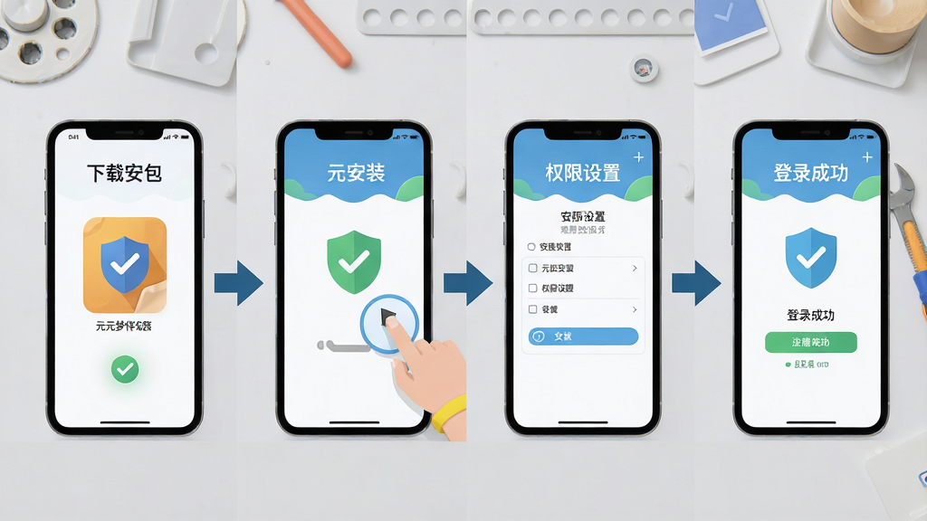 元梦伴侣安全下载与安装流程示意图,画面为手机屏幕操作步骤分解图,从左到右依次展示下载安装包、点击安装、权限设置、登录成功四个画面,背景为浅灰色工作台,布局为横向四格分镜,风格为扁平化教程插画,细节包含清晰箭头指引、勾选标记、盾牌安全图标,画质高清,干净整洁,无多余元素