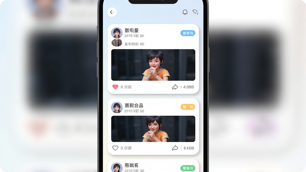 元梦伴侣动态广场界面展示图,画面为手机屏幕正面展示,屏幕中显示动态信息流卡片,每张卡片包含用户头像、昵称、发布时间、图文内容与互动按钮,背景为浅色渐变,布局为单列滚动列表,风格为清新简约社交应用风格,细节包含圆角卡片、柔和投影、彩色标签,画质高清,干净明亮,无多余元素