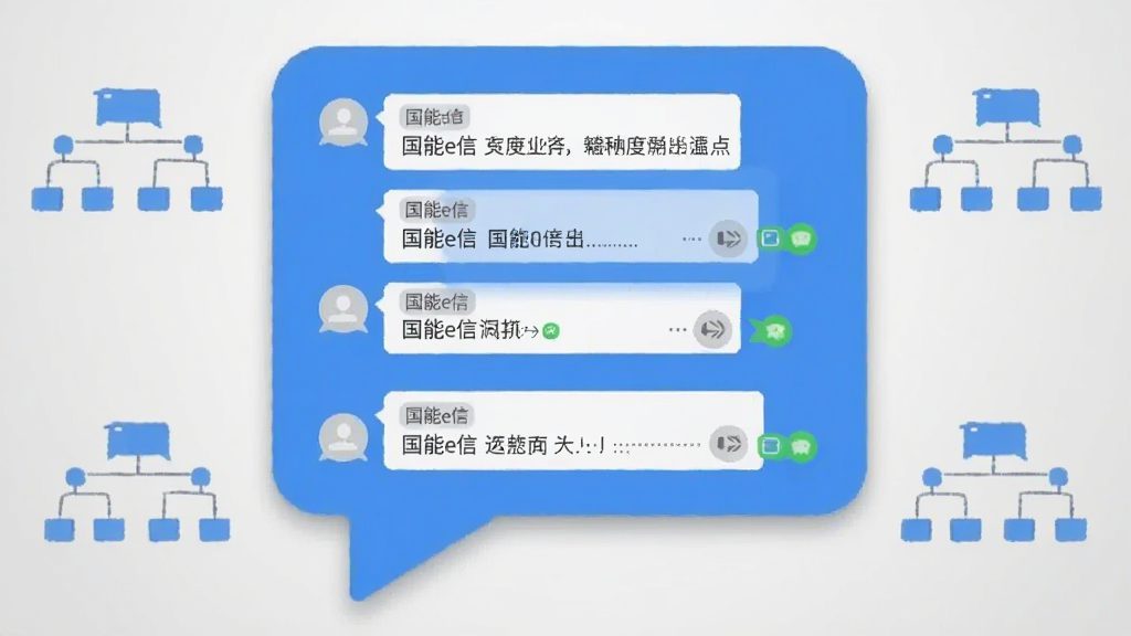 画面中心是一个巨大的蓝色对话气泡,气泡内展示多条聊天记录与已读标记,气泡周围漂浮着企业组织架构树的简笔图标,背景为浅灰色渐变,整体风格简洁扁平化,布局采用居中对称排版,细节上气泡有轻微投影层次感,气泡内文字包含
