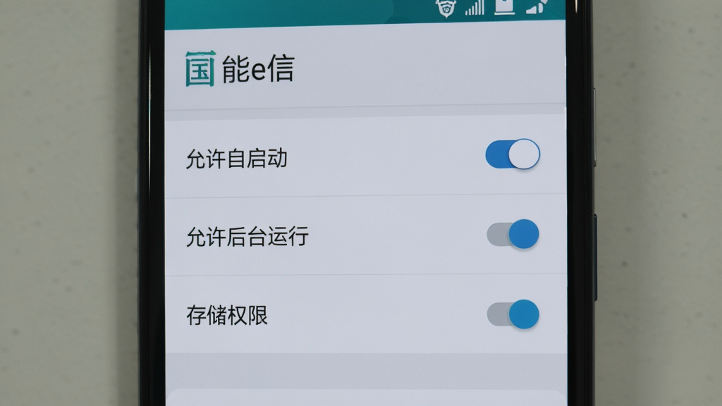 画面展示一部安卓手机屏幕,屏幕上显示应用权限设置界面,界面中有“允许自启动”“允许后台运行”“存储权限”等开关按钮,背景为浅灰色设置菜单,整体布局上下排列,风格为扁平化UI设计,细节上屏幕顶部有