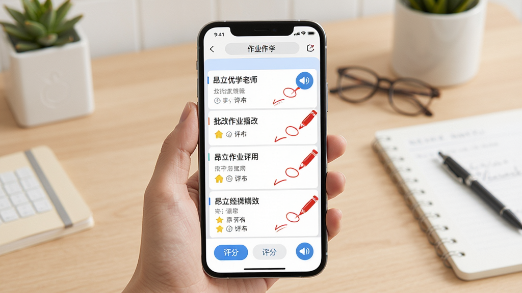 ������ѧ��ʦ��ҵ���Ĺ��ܽ��棬����չʾ�ֻ���Ļ�ϵ���ҵ�б��ͺ����עЧ��������Ϊ��������������ֲ��÷�����ƣ�������¼�Լ��ϸ�ڰ������ְ�ť������ͼ�꣬�����������ɾ����޶���Ԫ��