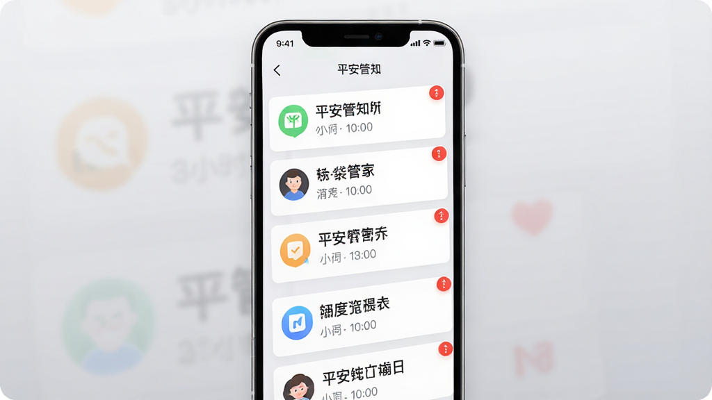一张展示平安口袋管家消息通知聚合页面的界面图,手机屏幕中显示多条通知卡片,卡片包含图标、标题与时间戳,部分卡片带有红色提醒角标,整体布局为纵向列表,背景为浅灰渐变,风格清爽商务,细节清晰,画质干净,无多余元素