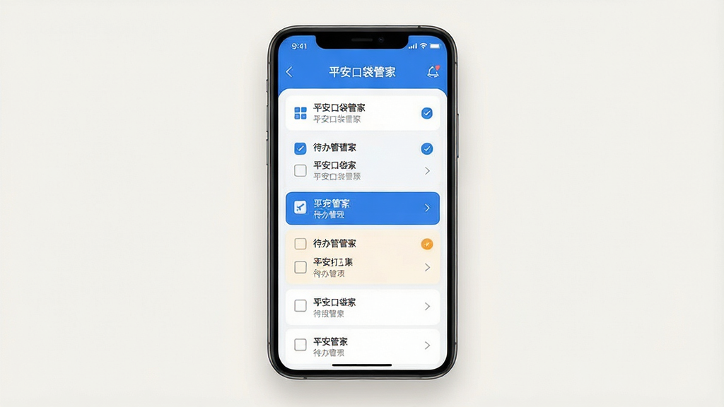 一张展示平安口袋管家待办管理功能的界面图,画面主体为手机屏幕特写,屏幕中显示多条待办事项列表,每条事项前有复选框,部分已勾选,部分高亮显示,界面配色以蓝白为主,手机悬浮在浅色背景上方,布局居中,风格现代简洁,细节可见文字与图标,画质清晰,画面干净,无多余元素