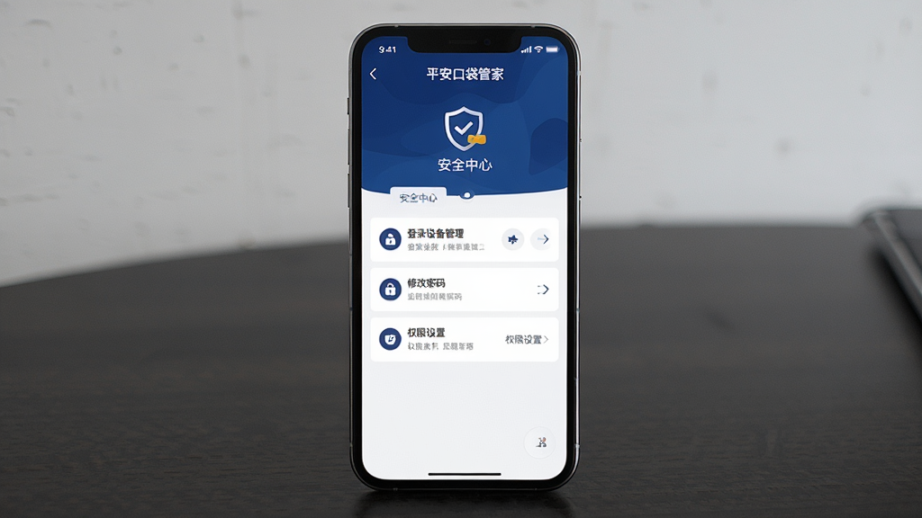 一张展示平安口袋管家安全设置页面的界面图,手机屏幕中显示安全中心页面,包含登录设备管理、修改密码、权限设置等选项,界面以深蓝与白色为主色调,手机直立放置在深色桌面上,布局居中,风格稳重安全,细节可见图标与文字,画质清晰,画面干净,无多余元素