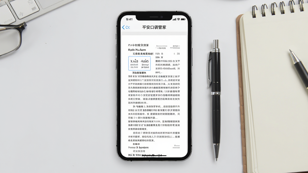 一张展示平安口袋管家文件查阅功能的界面图,手机屏幕中打开了一份文档预览页面,页面上方有文件名称与返回按钮,下方为文档内容区域,手机旁边放置了一支笔和一本笔记本,整体布局居中,风格办公实用,细节可见文字排版,画质清晰,画面干净,无多余元素