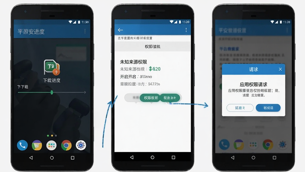 一张展示平安口袋管家在安卓手机上安装与权限设置流程的示意图,画面分为三个并排的手机屏幕,分别显示下载进度、未知来源权限开启界面、应用权限请求弹窗,手机横向排列,背景为浅色,风格教程图解,细节清晰,画质干净,无多余元素