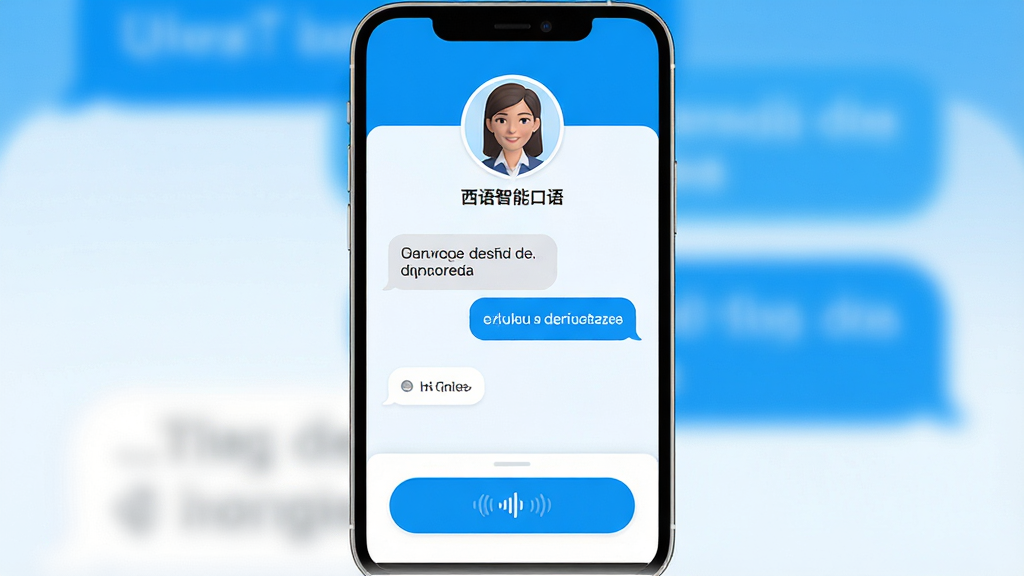一张手机应用界面截图,画面中央是西语智能口语的对话练习界面,上方显示AI虚拟老师头像和西班牙语对话气泡,下方是用户语音输入按钮,背景是明亮简洁的蓝白配色,界面中包含