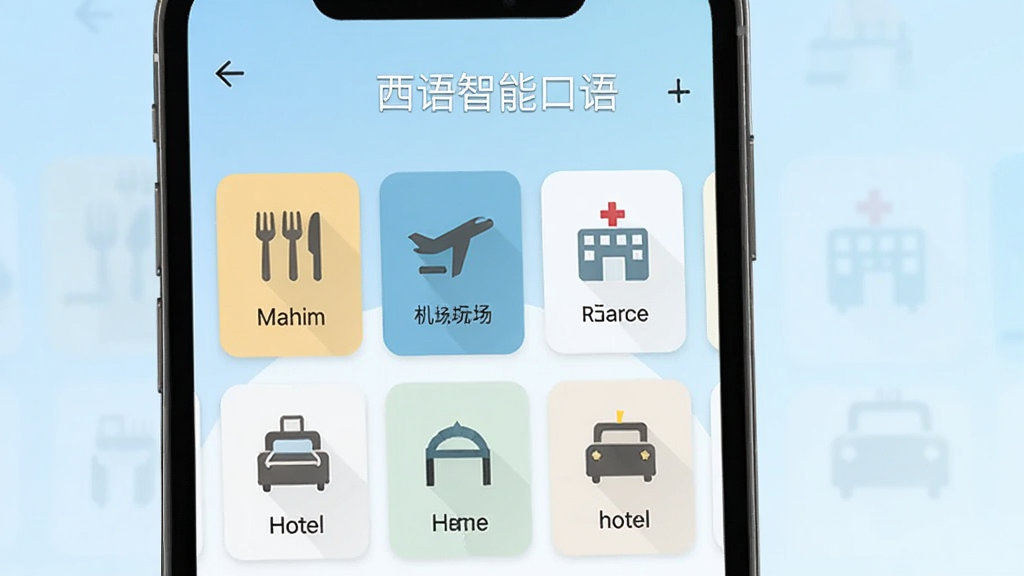 手机屏幕展示西语智能口语的场景选择页面,多个场景卡片整齐排列,包括餐厅、机场、医院、酒店等图标,界面设计简洁清新,背景为淡蓝色渐变,画面中包含