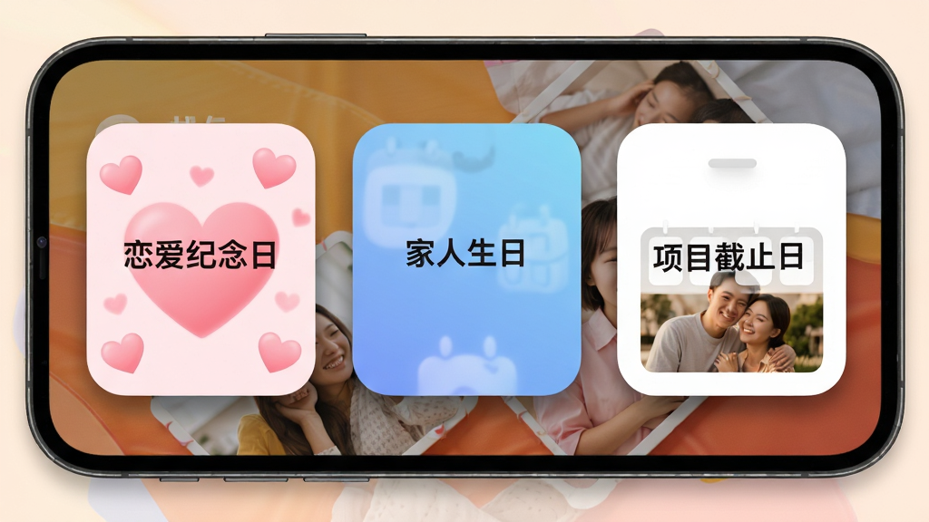 纪念日DaysMa桌面小组件个性化装扮展示,画面中手机桌面放置三个不同尺寸的小组件,分别显示“恋爱纪念日”“家人生日”“项目截止日”,小组件背景包含粉色爱心、蓝色渐变、简约白底三种样式,布局采用平铺展示,风格为温馨生活化,细节包含圆角边框、柔和阴影、自定义照片背景,画质高清,干净,无多余元素