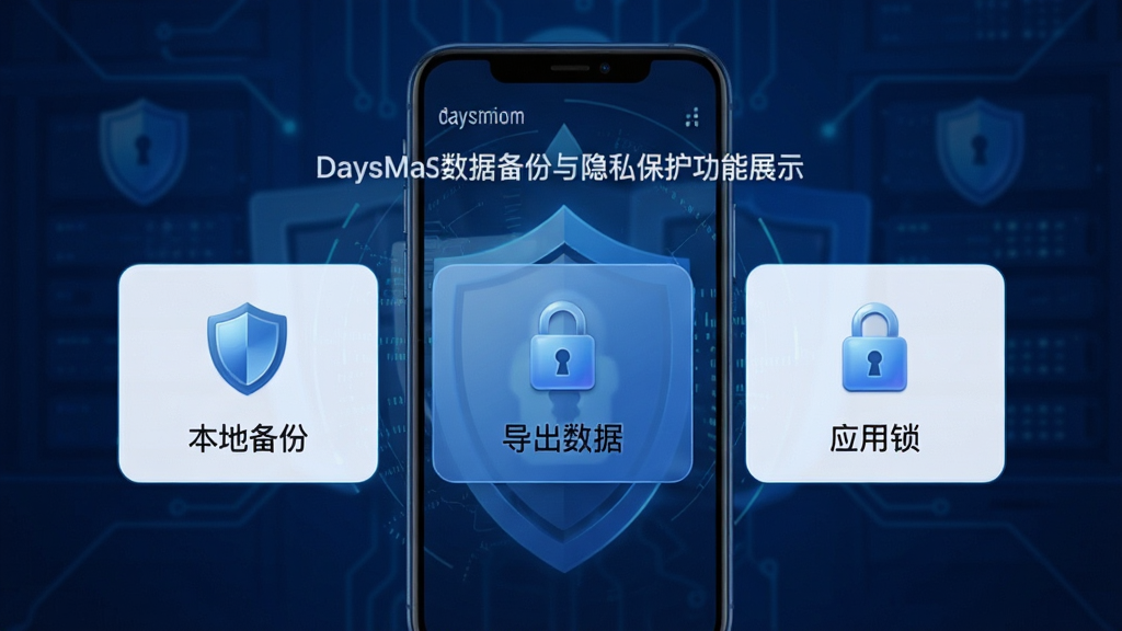 纪念日DaysMa数据备份与隐私保护功能展示,画面中手机屏幕显示“本地备份”“导出数据”“应用锁”三个功能按钮,背景为深蓝色安全主题,布局采用居中对称排列,风格为安全科技感,细节包含盾牌图标、锁形图标、数据箭头,画质高清,干净,无多余元素