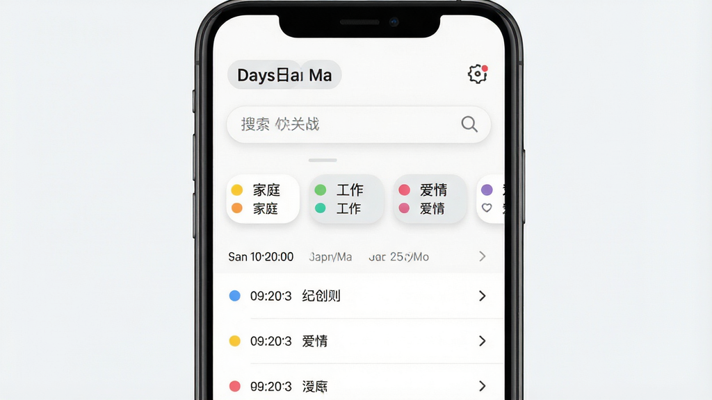 纪念日DaysMa分类管理与搜索界面展示,画面中手机屏幕显示标签分类栏和搜索框,下方列出“家庭”“工作”“爱情”等分类标签,每个标签旁有彩色圆点,列表按时间排序展示纪念日条目,布局采用上下结构,风格为极简商务风,细节包含搜索放大镜图标、分类标签圆角矩形、排序箭头,画质高清,干净,无多余元素