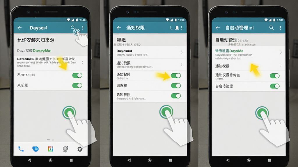 纪念日DaysMa移动端安装与权限设置示意图,画面展示一部安卓手机屏幕,依次显示“允许安装未知来源”“通知权限”“自启动管理”三个设置页面,背景为浅色系统界面,布局采用横向排列三张截图,风格为教程指引风,细节包含高亮箭头、手指点击图标、权限开关按钮,画质高清,干净,无多余元素