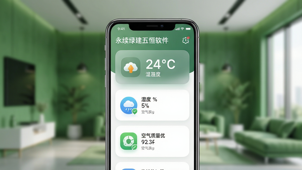 永续绿建五恒软件主界面展示,画面中央放置一部智能手机,屏幕显示室内温度24摄氏度、湿度百分之五十、空气质量优等数据卡片,背景为现代简约风格的绿色建筑室内场景,主体突出手机与软件界面,布局采用居中构图,排版清晰简洁,风格为科技感写实渲染,细节包括手机边框光泽、界面图标圆角设计、背景虚化处理,画质为高清4K,干净无多余元素