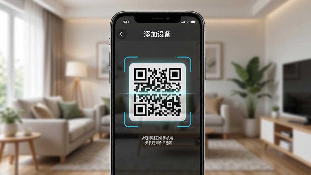 永续绿建五恒手机端安装与绑定操作示意图,画面主体为手机屏幕显示添加设备二维码扫描界面,背景为居家环境虚化,布局采用中心聚焦排版,风格为写实教程风,细节包括二维码图案、扫描框、提示文字,画质为高清4K,干净无多余元素