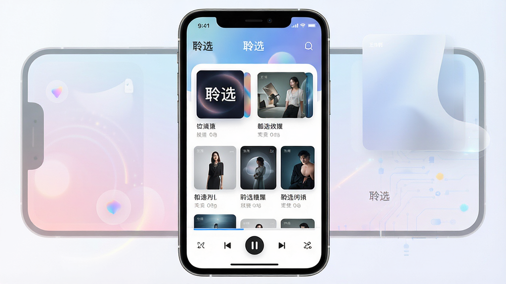 一张展示聆选软件主界面的手机UI设计图,主体为居中放置的智能手机,屏幕显示聆选APP首页,包含音频专辑封面网格与底部播放控制条,布局采用上下结构,排版整齐有序,风格为现代简约科技风,细节包含柔和的渐变背景、圆角卡片设计、清晰的文字标签“聆选”,画质高清,干净,无多余元素