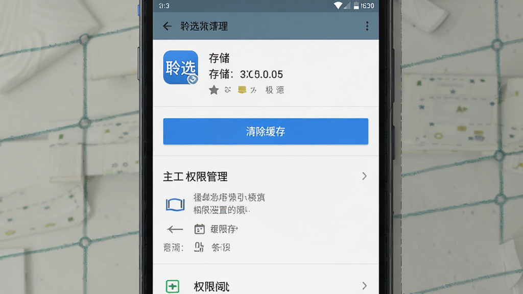 一张展示手机清理缓存与权限设置界面的示意图,主体为手机屏幕显示聆选应用信息页面,包含存储占用、清除缓存按钮、权限管理入口,布局为垂直列表,排版清晰,风格为原生安卓设置界面风格,细节包含蓝色高亮按钮、灰色分隔线,画质高清,干净,无多余元素