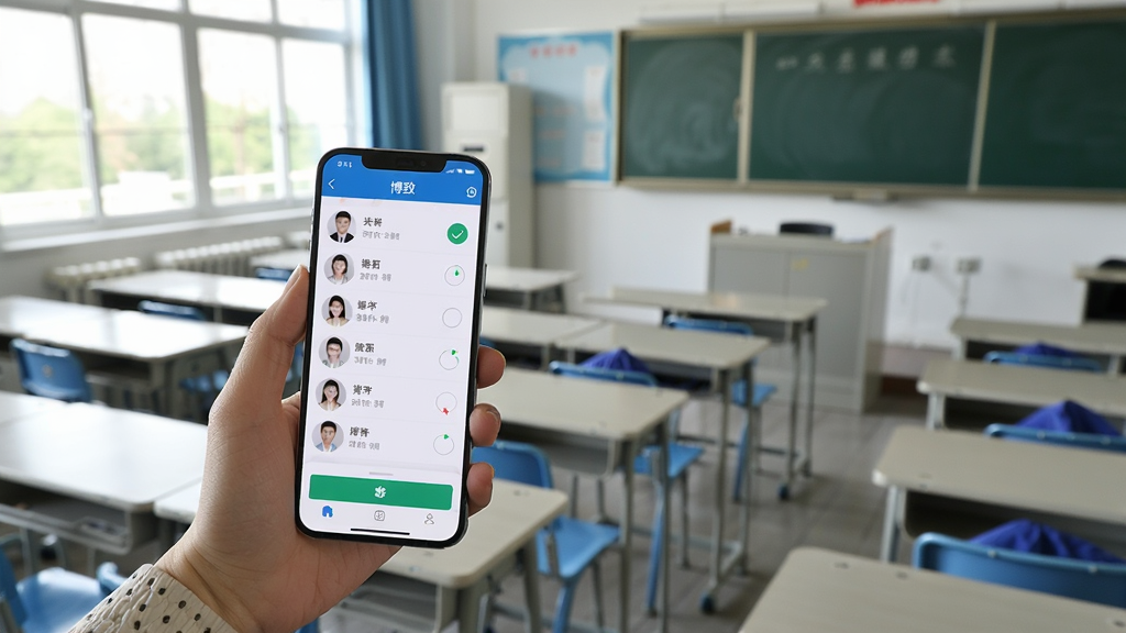 一间明亮的教室内,一位教师手持手机使用