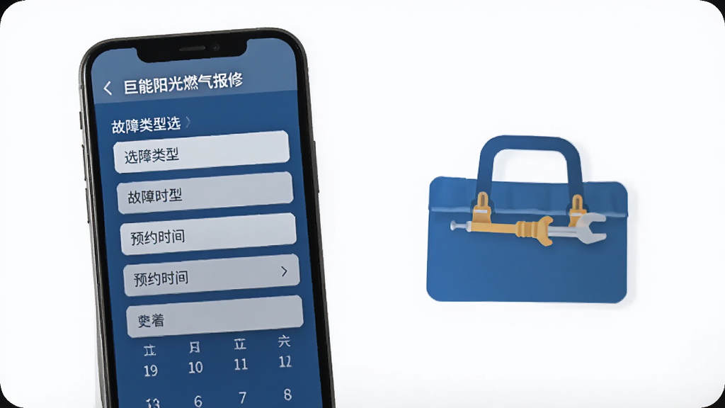 巨能阳光燃气报修页面展示,手机屏幕显示故障类型选择列表和预约时间日历,旁边有维修师傅工具箱图标,整体风格专业简洁,画质清晰干净无多余元素