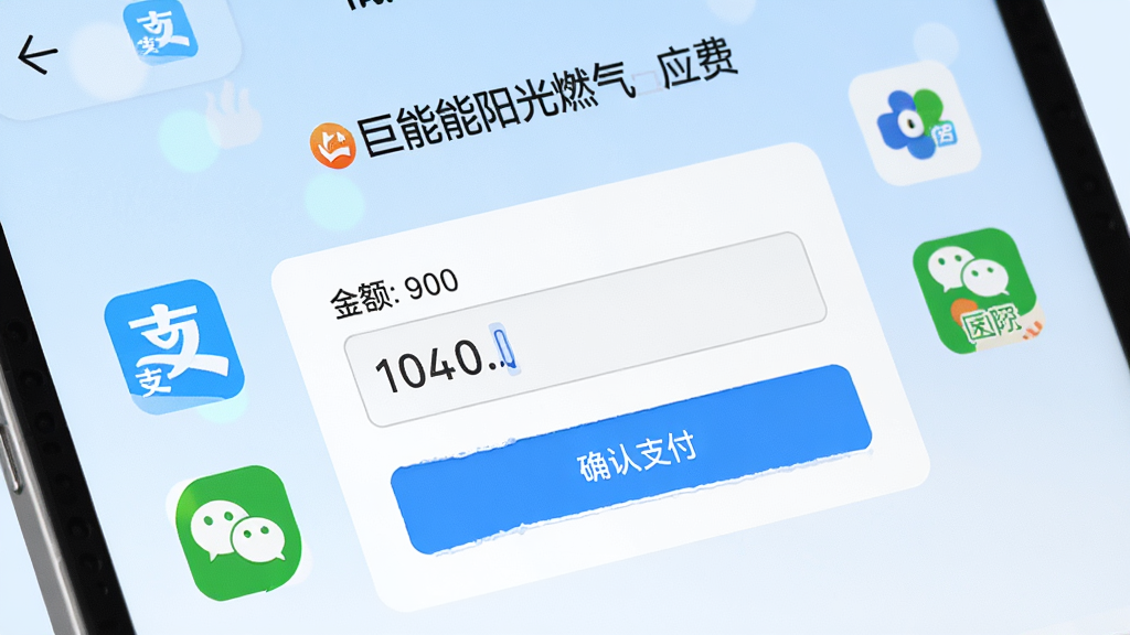 巨能阳光燃气应用缴费页面特写,显示金额输入框和确认支付按钮,周围环绕着支付宝微信等支付图标,背景为柔和的浅蓝色渐变,整体布局清晰,画质高清干净无多余元素