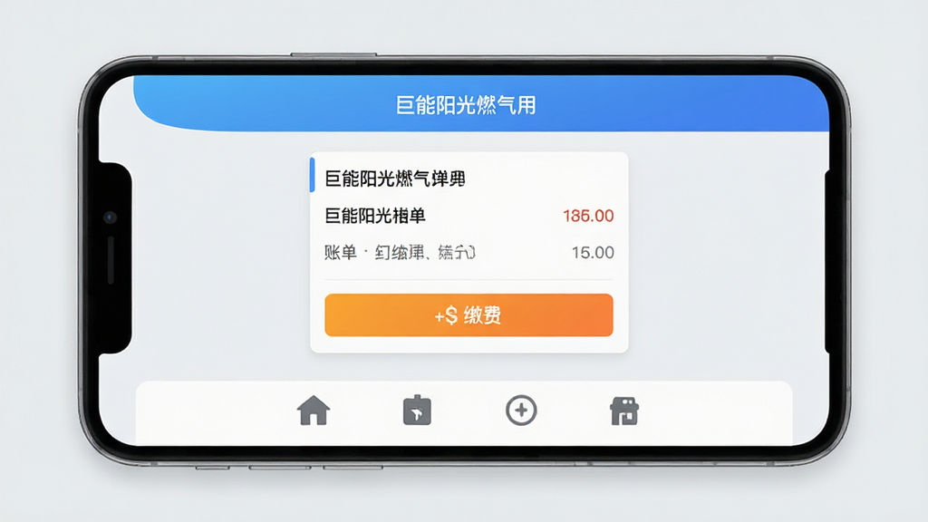 手机屏幕中显示巨能阳光燃气应用主界面,顶部蓝色渐变导航栏,中间展示燃气账单卡片和缴费按钮,底部四个功能图标排列整齐,背景为浅灰色,整体风格简洁清新,画质清晰干净无多余元素
