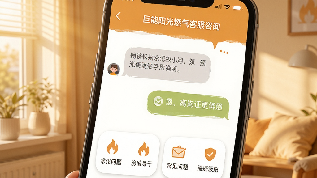 巨能阳光燃气客服咨询界面,手机屏幕显示对话框和常见问题快捷入口,背景为暖色调,整体布局友好亲切,画质高清干净无多余元素